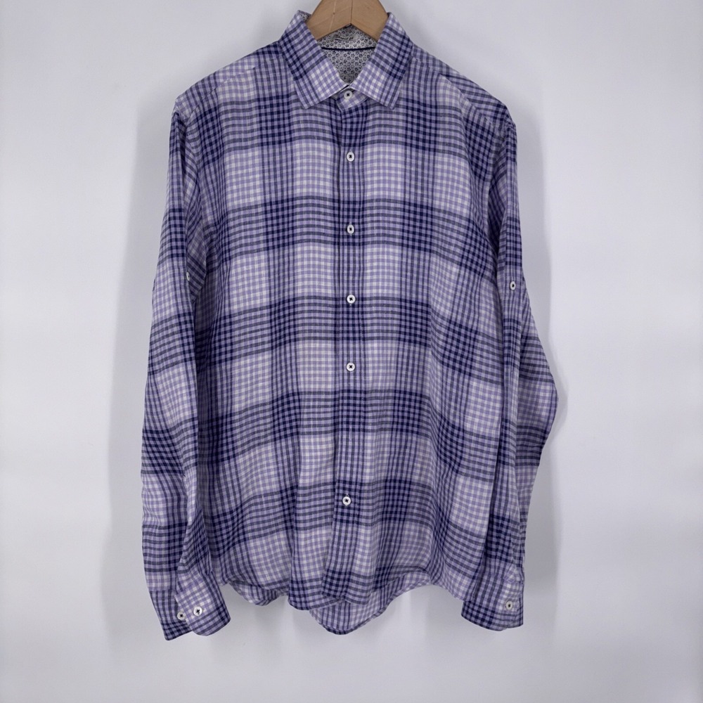 Bugatchi Mens Linen Shirt Medium Plaid Contrast Collar Cuff Preppy Resort Cruise